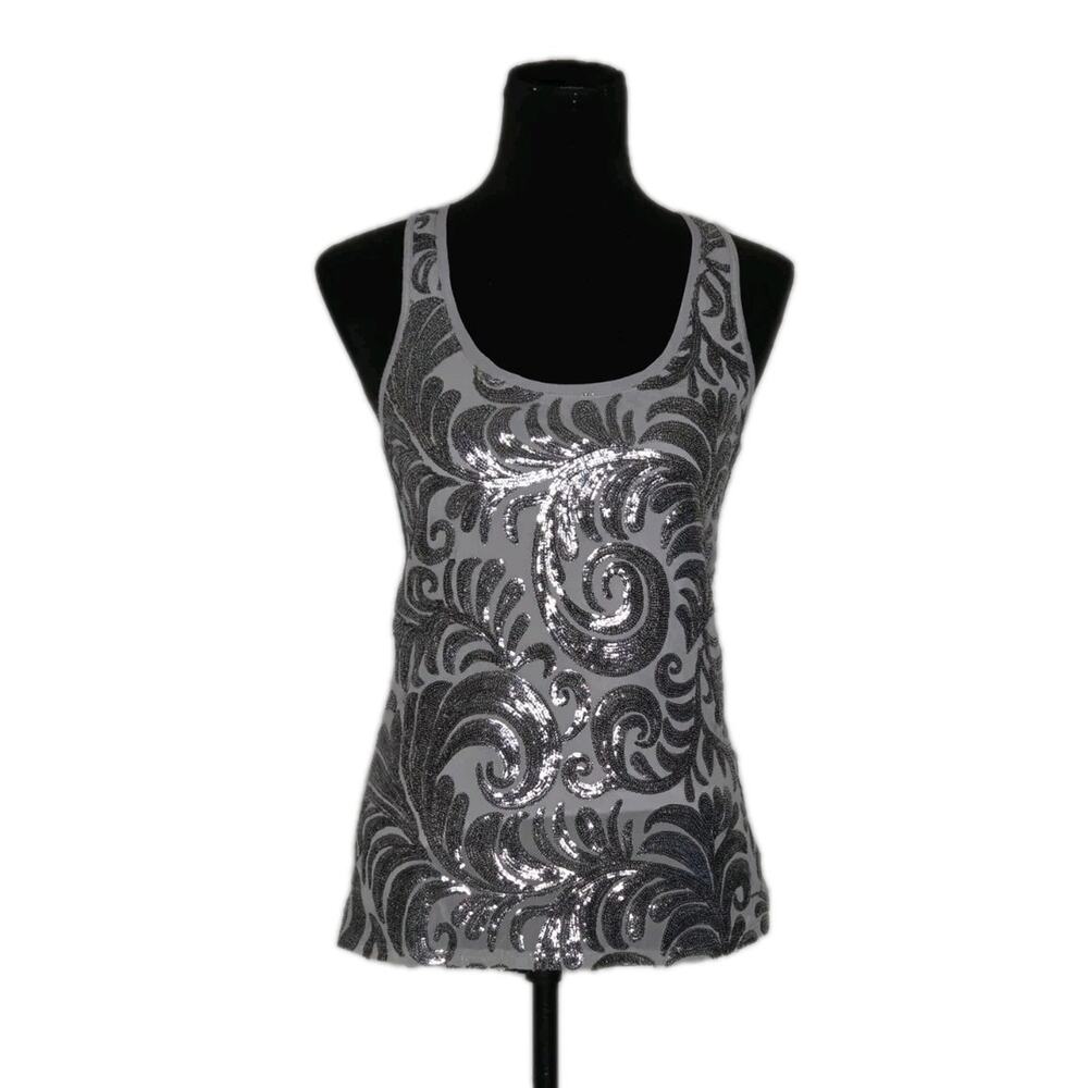 NWT Express Gray Silver Sequin Swirl Tank Top Sleeveless XS Party Club
